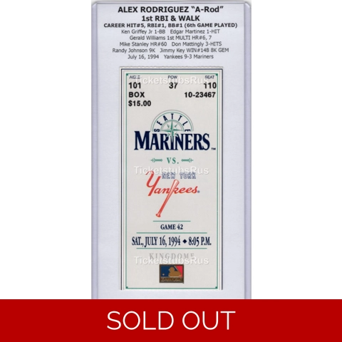 Alex Rodriguez 1st RBI & WALK 1994 Mariners Yankees 7/16 Season Ticket Stub RARE